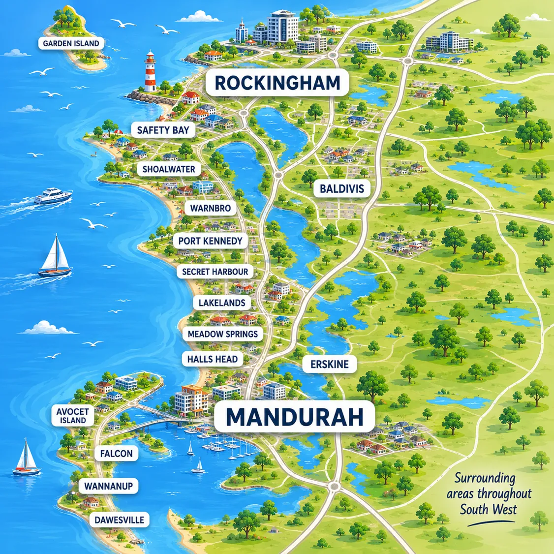Map showing ABA Automatic Gates service areas across Mandurah, Rockingham and the South West region of Western Australia